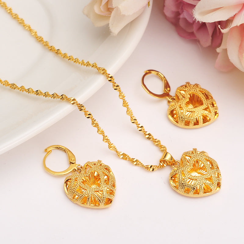 24 K african Habesha Set Ethiopia heart  pendant Necklace/Earrings Gold Color  jewelry  Gift