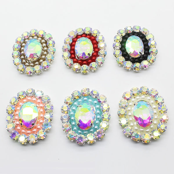 NEW 5pcs/lot 38*32mm Flat Back Button Pearl Grass Rhinestone Metal Snap Buttons