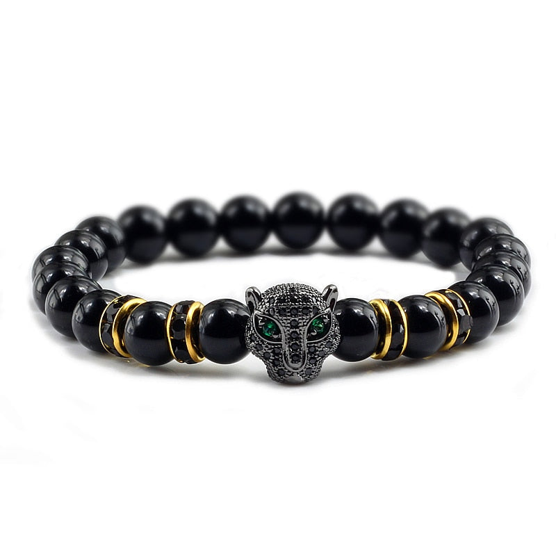 Natural Stone Men Bracelet Charm Gold Color Pave CZ Leopard Hematite Beaded Bracelets