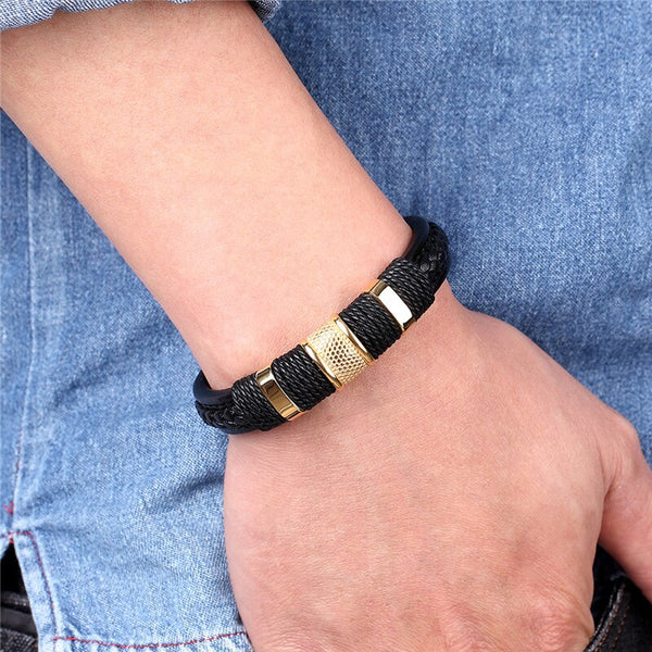 Punk 12 Color Stainless Steel Accessories Weave Genuine Leather Women Bracelet