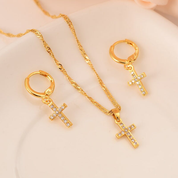 gold cz cross  crystal Pendant Necklace chain Earrings sets