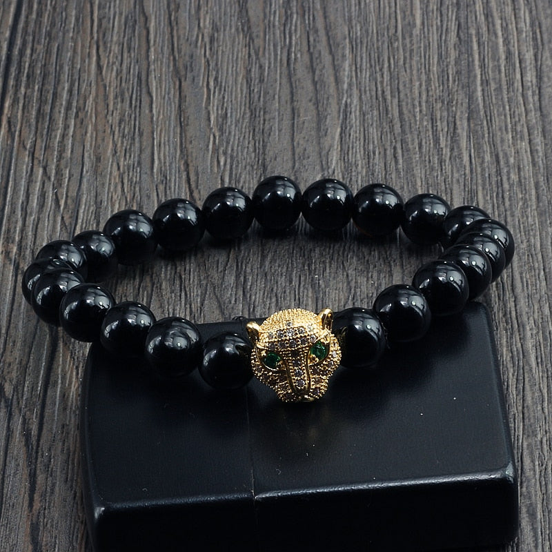 Natural Stone Men Bracelet Charm Gold Color Pave CZ Leopard Hematite Beaded Bracelets