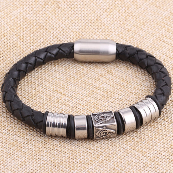 Leather Masonic Freemason Bracelet Braided Magnet Bangle