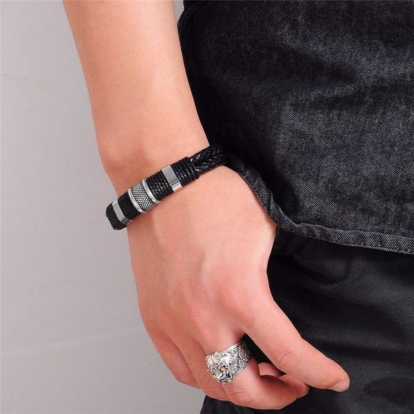 Braid Genuine Leather Bracelet Titanium Stainless Steel Bracelet