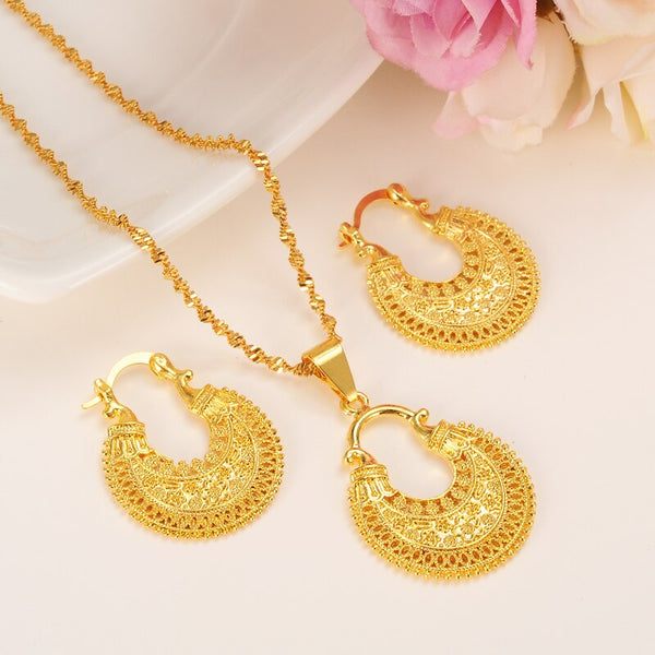 24K african water drop jewelry set chain women Nigerian wedding gold multi layer necklace