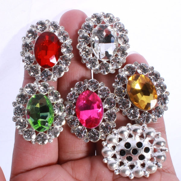 10PCS High Quality Silver Rhinestone Buttons  Crystal Oval Metal Glass Button