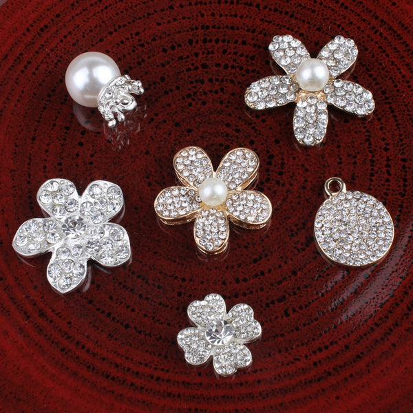 120PCS Vintage Handmade Flower Rhinestone Buttons Bling Flatback Crystal Pearl Decorative Buttons