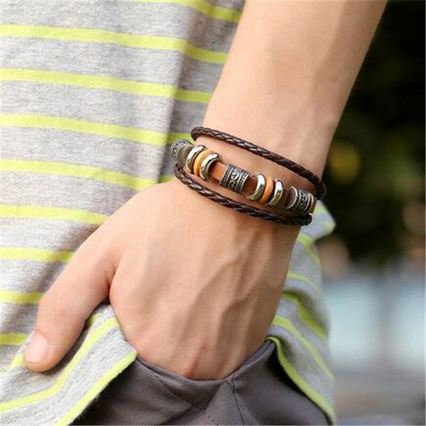 Lucky Vintage Men Leather Bracelet Wood Beads Charm Multilayer Braided Bracelets