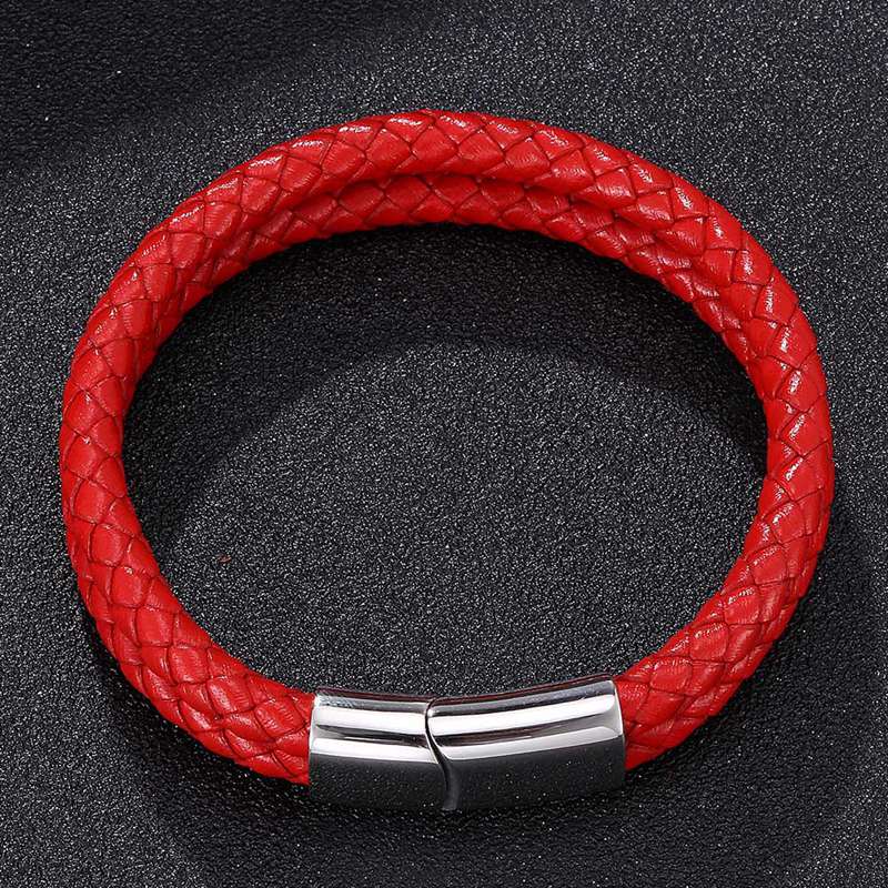 Simple Men Women Jewelry Trendy Red Double Braided Leather Bracelet