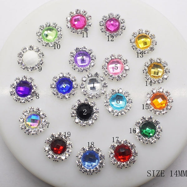 New 100pcs/set 14mm Round Colorful Diamond Button Flatback Buttons