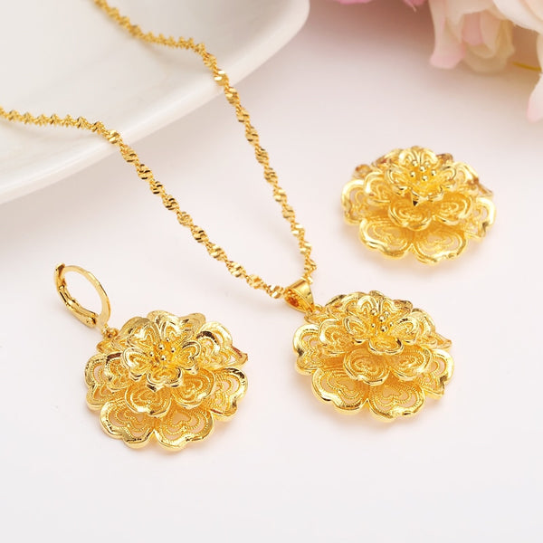 24k New dubai india gold color Luxurious Fashion african big flower jewelry Set women