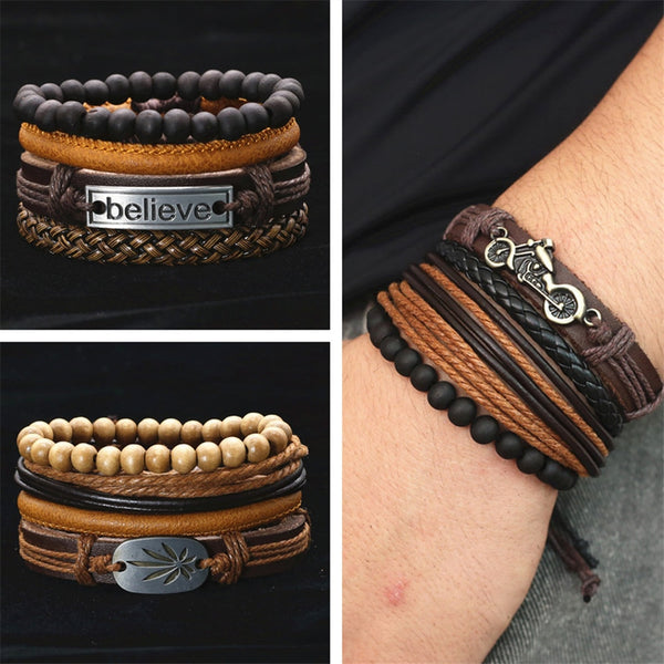 Vintage Multilayer Leather Bracelet Braided  Bead Wrap Women Men Bracelets