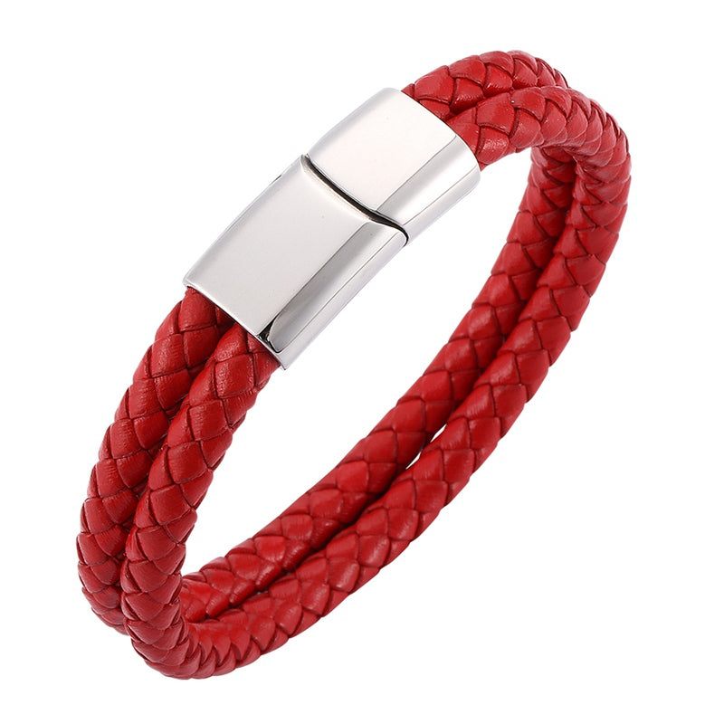 Simple Men Women Jewelry Trendy Red Double Braided Leather Bracelet