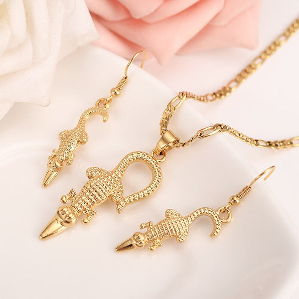 Crocodile Pendant Necklace&amp;Earrings Set Gold Color  Crocodile Jewelry Set