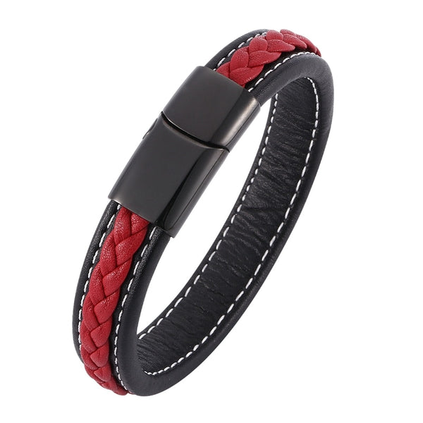 Classic Men Bracelets Black Red Braided Leather Bangles