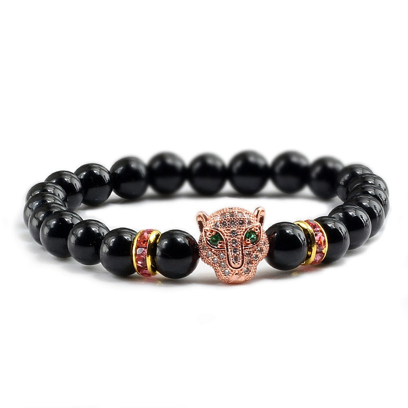 Natural Stone Men Bracelet Charm Gold Color Pave CZ Leopard Hematite Beaded Bracelets