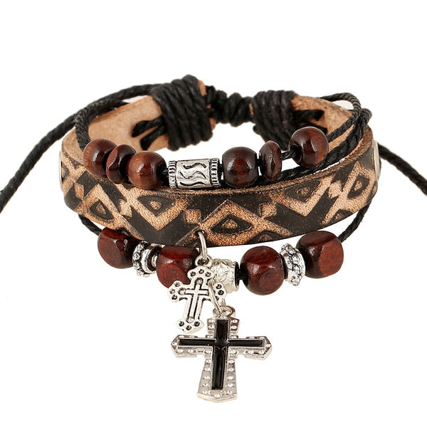 Mens Ancient Cross Brown Vintage Leather Bracelet for Men