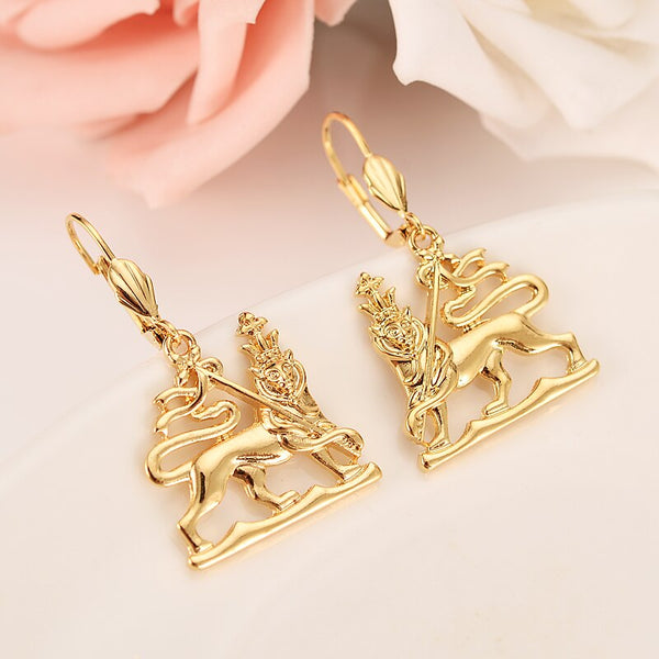 Gold Color GP earring Africa Ethiopia map elephant lion king  gold earring Jewelry For Women Men gift