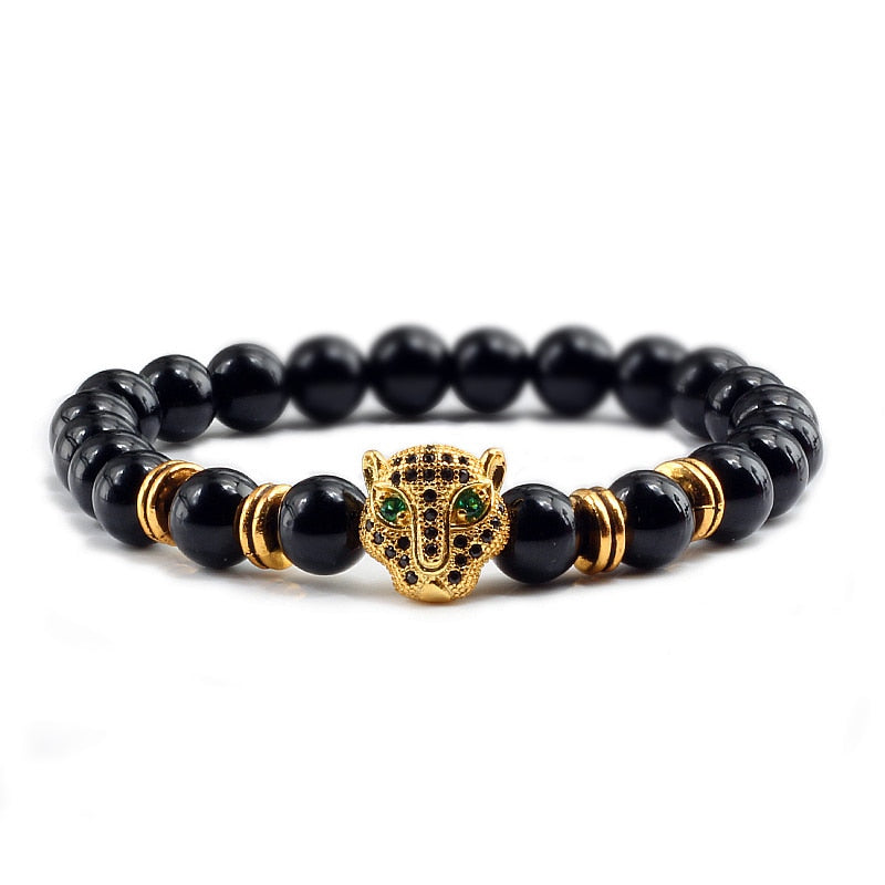 Natural Stone Men Bracelet Charm Gold Color Pave CZ Leopard Hematite Beaded Bracelets