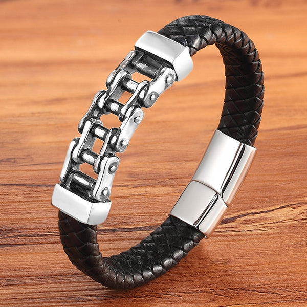 Punk Design Special Pattern Bicycle Chain Stainless Steel Leather Bracelet