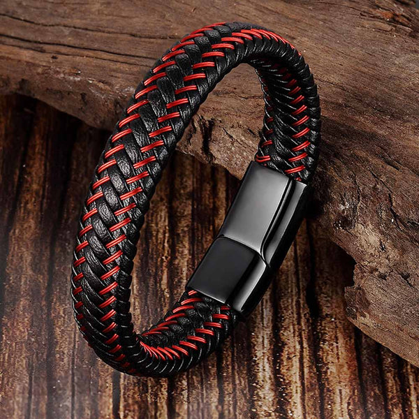 Trendy Men Jewelry Red Braided Leather Rope Bracelet Black Magnetic Buckle Bracelets