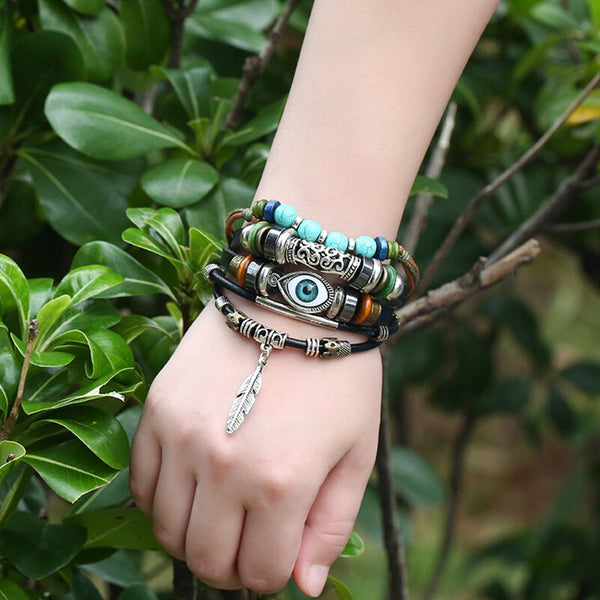 Vintage Young Punk Brown Leather Feather Metal Charms Adjustable Layered Bracelet