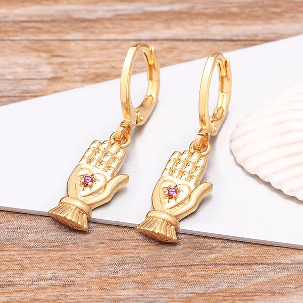 Luxury 14 Styles Ins Palm Copper Zircon Drop Hoop Earrings For Women