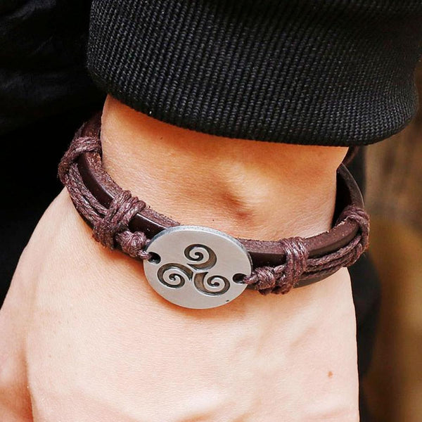 Vintage Bracelets Men Women Spiral Triskele Round Charm Braided Faux Leather Bracelet