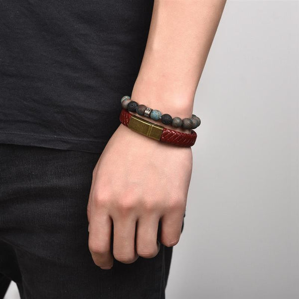 Retro Magnetic Clasp Leather Bracelet for Men Braided Chain Bracelet