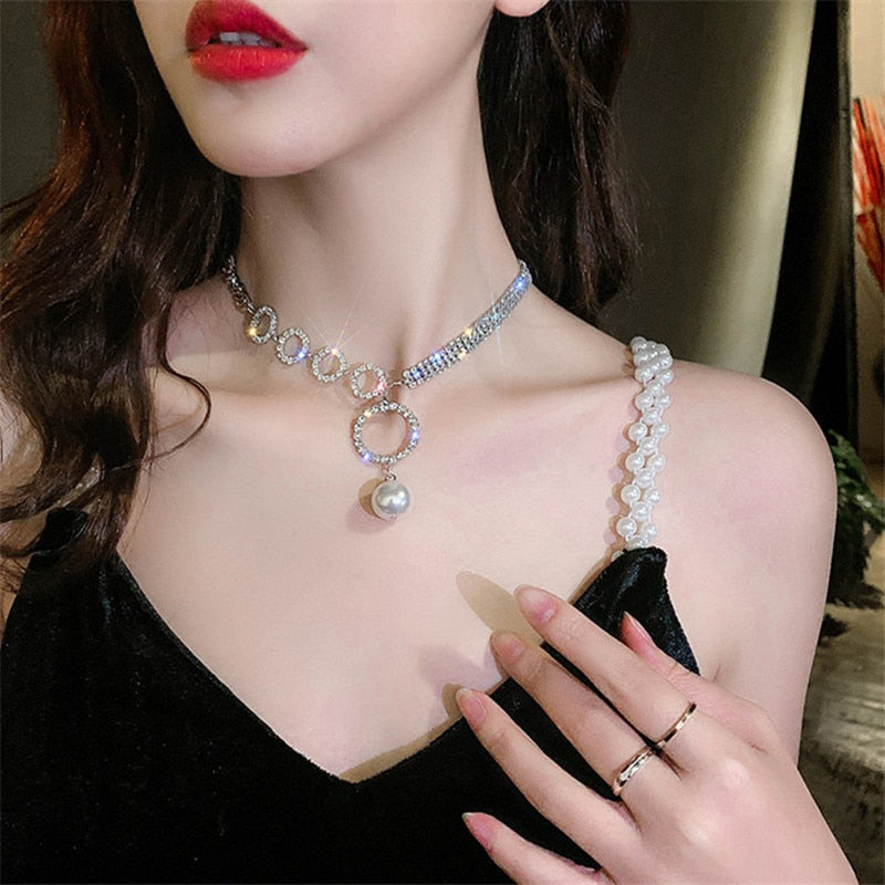 Geometric Circle Rhinestone Choker Necklaces for Women Clavicle Chain Pearl Pendant Necklaces