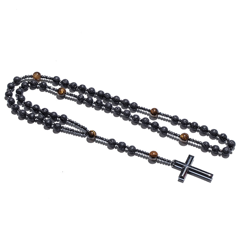 Black Lava Stone Yellow Tiger Eye Beaded Catholic Christ Cross Necklace