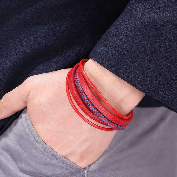 Trendy Red Leather Bracelets Men Stainless Steel Multilayer Braided Rope Bangles