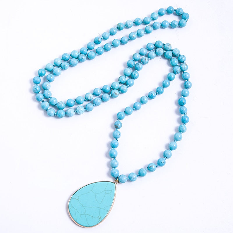 8mm Picture Jaspers, Howlite, Turquoise Beads Knotted Necklace