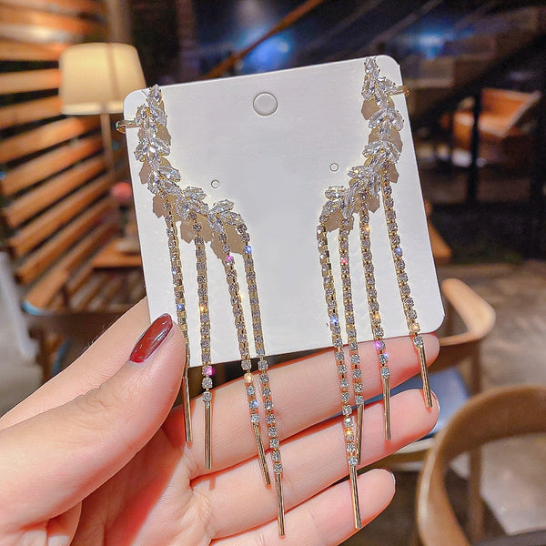 Leaf Zircon Crystal Earrings for Women Bijoux Long Tassel Ear Clip Rhinestone Dangle Earrings