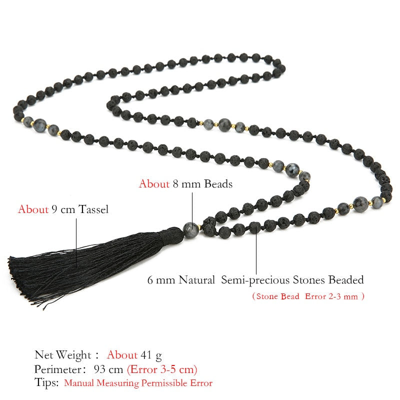 108 Mala Beads 6mm Volcanic Stone Knotted Meditation Semi-Precious Jewelry Men and Women