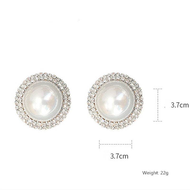 Big Simulated Pearl Stud Earrings for Women Girl Round Geometric Rhinestone Earrings