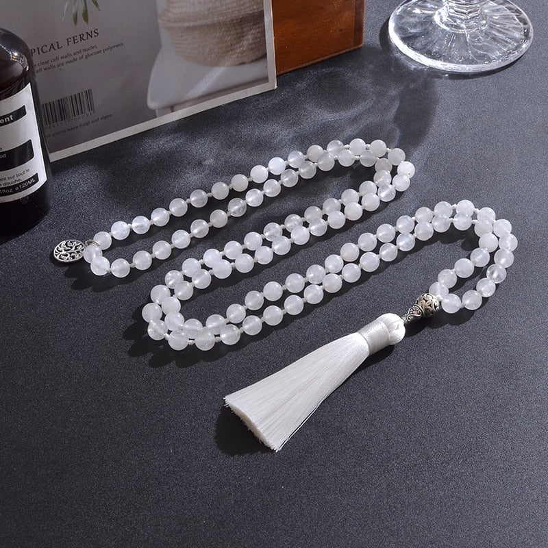 108 Mala Beaded 8mm White Jade Knotted Necklace Meditation Yoga Blessing Jewelry Women