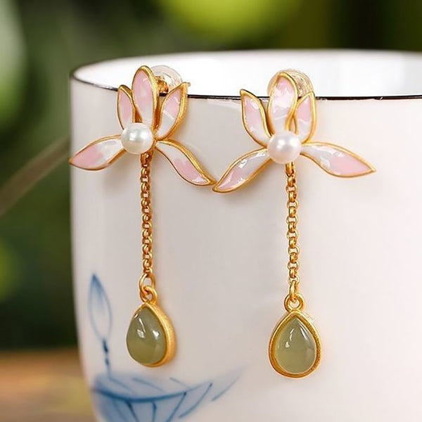 New silver inlaid natural Hetian jade drop-shaped lotus earrings