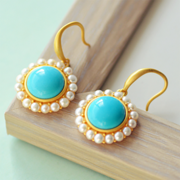 silver inlaid natural ore blue turquoise earrings