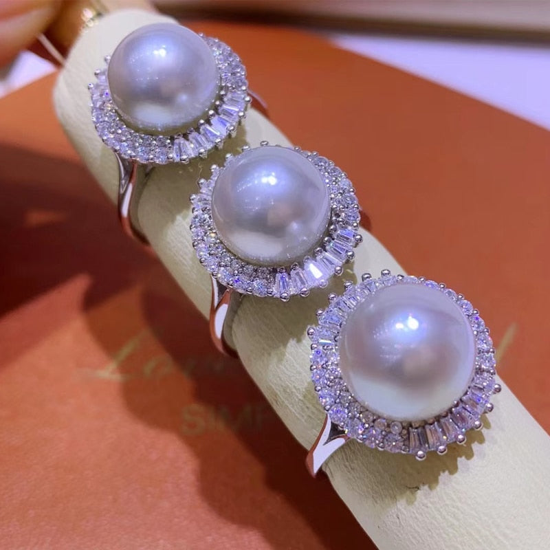 10-11mm Double Zircon High Luster Natural Seawater Pearl Ring For Women