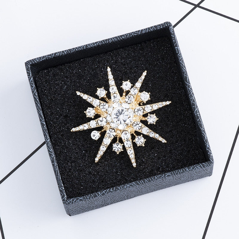 New High-end Rhinestone Star Brooch Sparkling Crystal Snowflake Lapel Pin