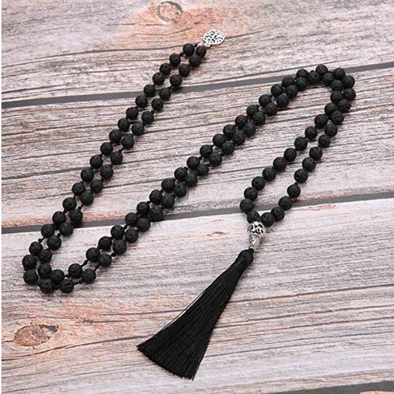 8mm Black Lava Stone Beaded Knotted 108 Mala Necklace