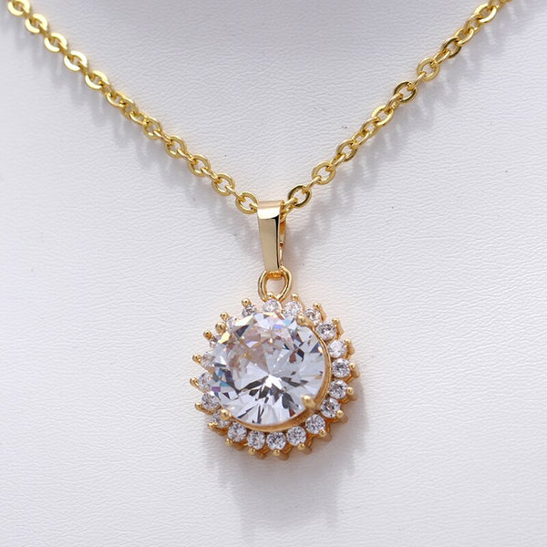 Gold Color Round Zircon CZ Necklaces Women Girls Gold Color Charm Pendant Necklace