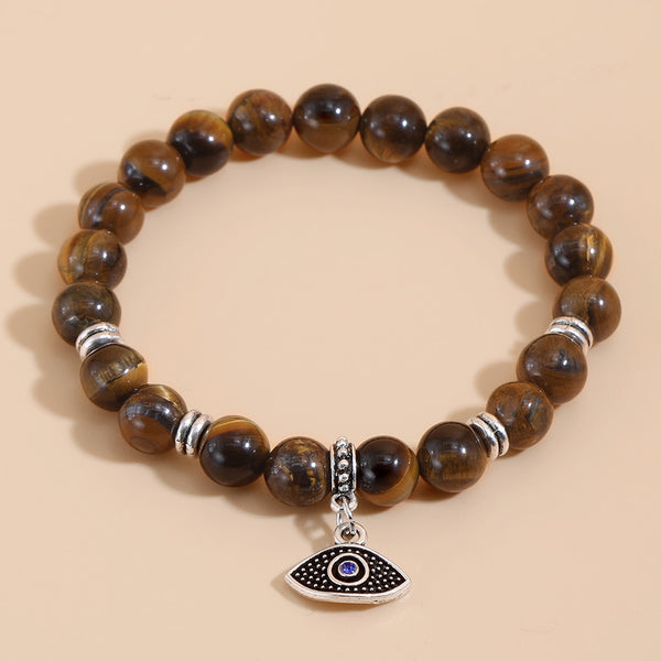 Yellow Tiger Eye Turkey Evil Eye Stretch Rope Beaded Bracelet