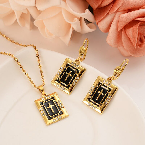 24k gold black cross Pendant Necklace chain Earrings sets