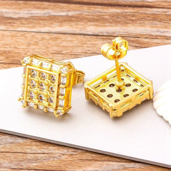 Gold Color Classic Square Shine Stud Earrings