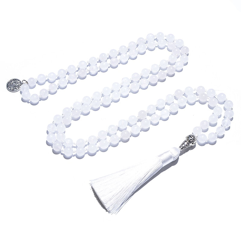 108 Mala Beaded 8mm White Jade Knotted Necklace Meditation Yoga Blessing Jewelry Women