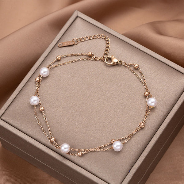 Bohemia Double Layer White Pearl Charm Anklets For Women