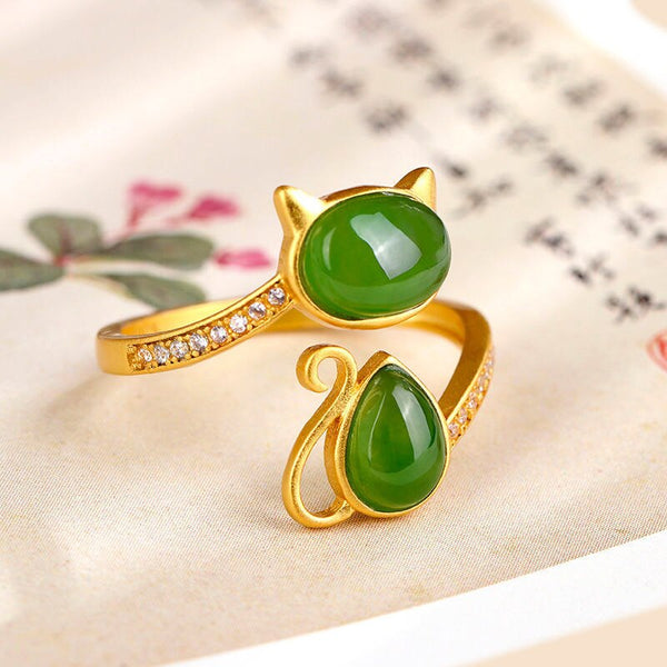 Natural Hetian jasper cat opening adjustable ring