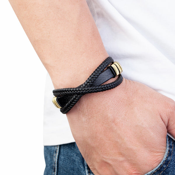 Classic Stainless Steel Metal Bracelet Men Multilayer Weave Genuine Leather Rope Bangles Bracelet